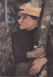 Frau mit Strohhut zwischen Birken